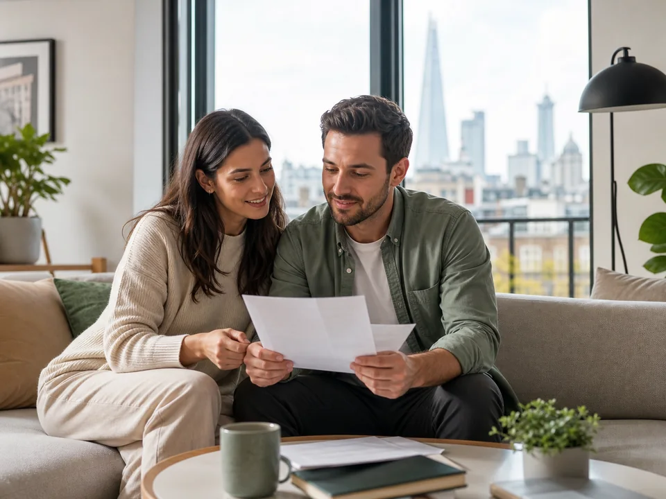 Homeowners reviewing property documents in a London flat