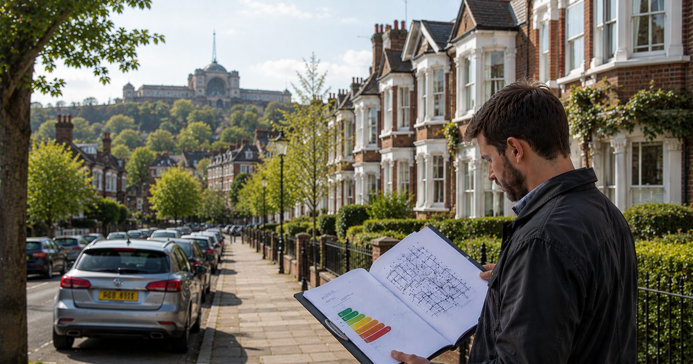EPC assessor reviewing an energy rating chart outside London terraced homes — EPCRATE