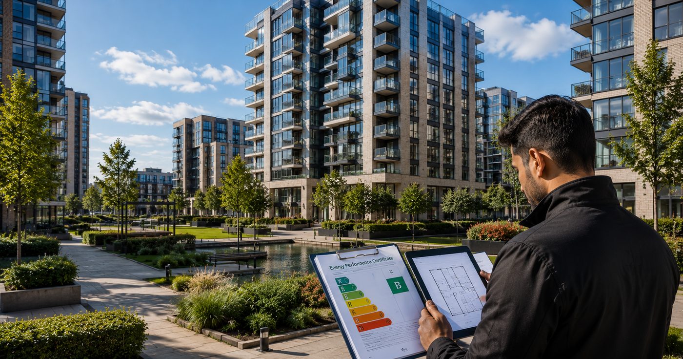 Modern new-build courtyard development in London — EPC requirements — EPCRATE