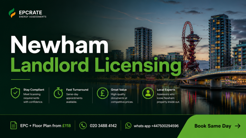 Newham landlord licensing EPC and floor plan bundle — Stratford skyline at dusk