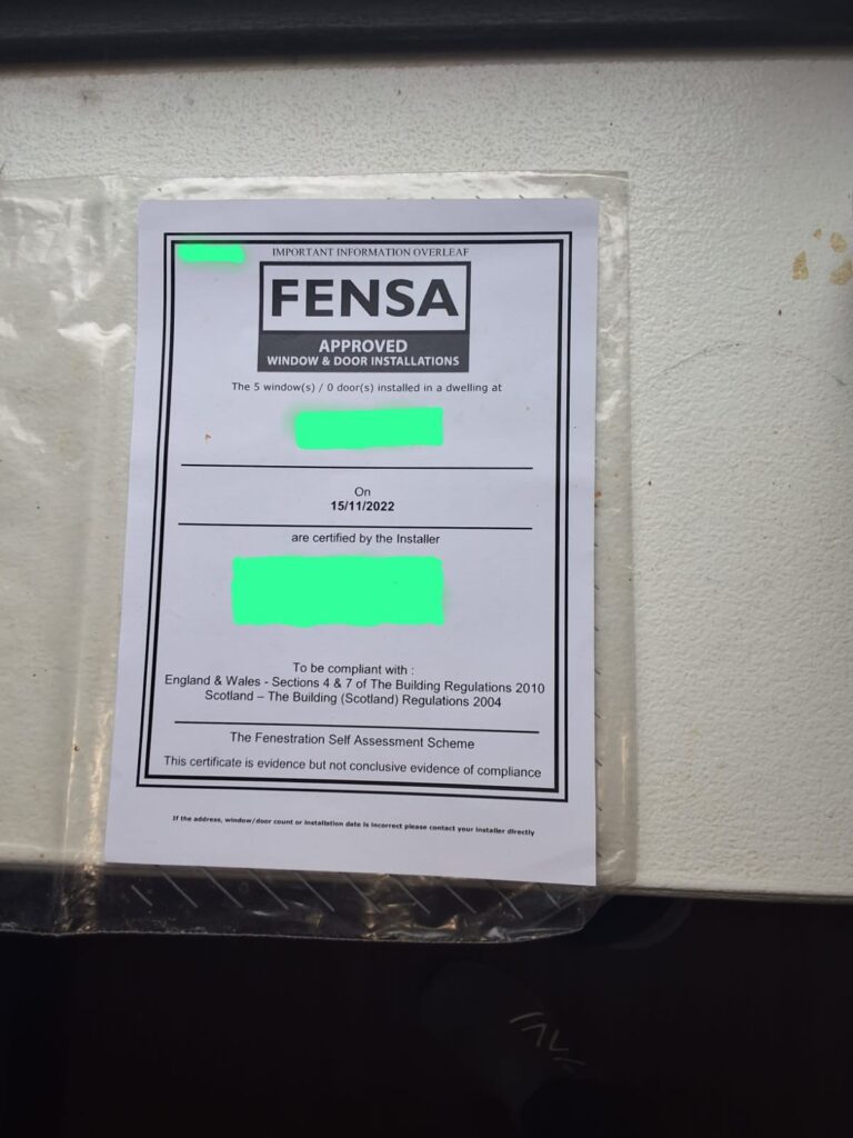 FENSA approved window and door installation certificate seen on an EPC assessment, identifying details redacted